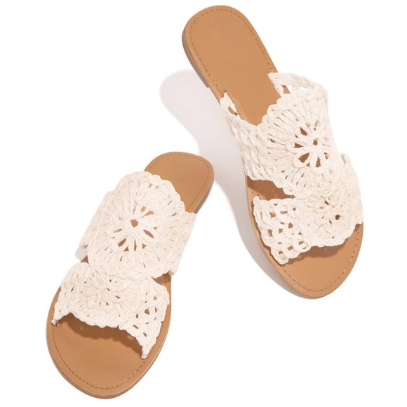 NEW Off White Crochet Lace Raffia Straw Slip On Slides Slippers Sandals Shoes - Picture 8 of 12